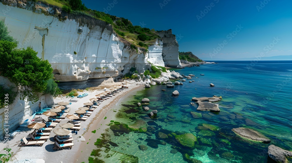 Poster a beach with white cliffs and clear blue picture