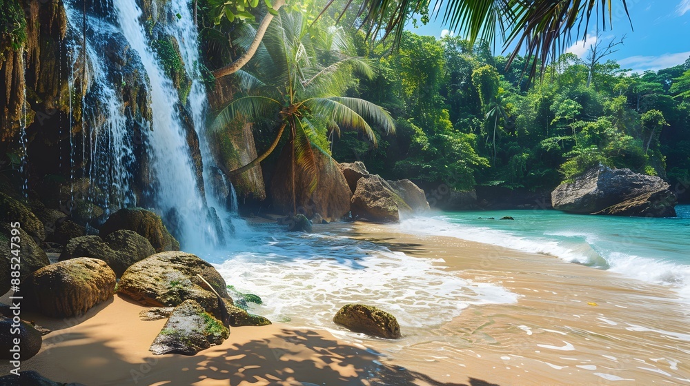 Wall mural a beach with waterfalls falling directly img