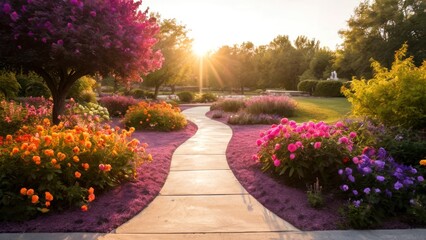 Obraz premium the sunset shines on some landscaping, while bright flowers bloom around it,