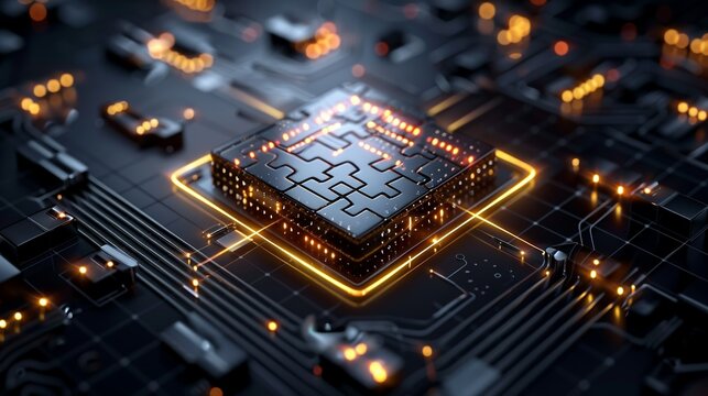 Abstract design of a digital puzzle with interconnected pieces, symbolizing integration, compatibility, and system interoperability. Illustration, Image, sci, Science, Technology, Engineering ,