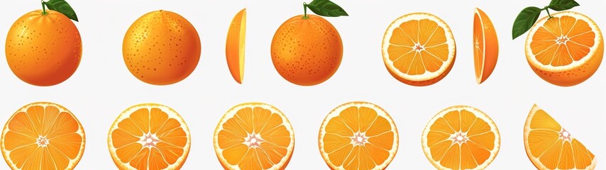 Orange oranges fruit, many angles and view side top sliced halved cut isolated on transparent background cutout, PNG file.illustration