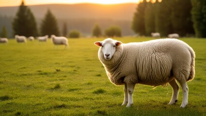 Obraz premium the herd of sheep stands together in a pasture at sunset,