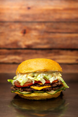 variety of vegan and vegetarian beef burgers casserole with onion cucumber dressings tomato chedar cheese lettuce mayonnaise mustard ketchup barbecue legumes with potato bread and French fries 