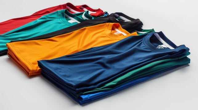 A set of team jerseys folded neatly, showcasing their vibrant colors and design, ready for game day. Isolate white background