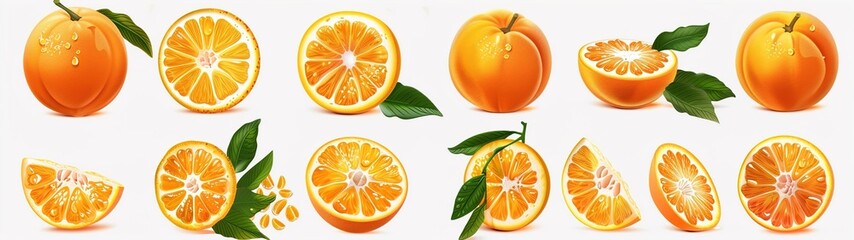 Fototapeta premium Orange oranges fruit, many angles and view side top sliced halved cut isolated on transparent background cutout, PNG file.illustration