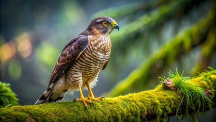 Majestic close-up of a regal sparrow-hawk perched on a moss-covered branch, intense gaze fixed on a verdant forest backdrop.
