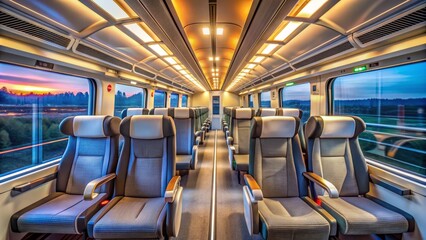 Fototapeta premium Modern train interior with sleek seats, bright lights, and vast windows offering a picturesque view of the tracks ahead.