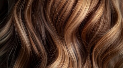 Naklejka premium Close-up of wavy hair with a blend of brown and blonde highlights.