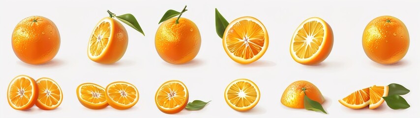 Orange oranges fruit, many angles and view side top sliced halved cut isolated on transparent background cutout, PNG file.illustration