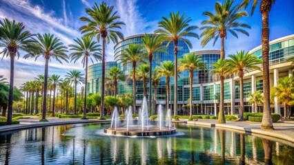 Majestic Anaheim Convention Center building surrounded by lush palm trees and serene fountain on a sunny California day.