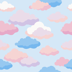 A seamless pattern of pink and blue clouds on a blue background