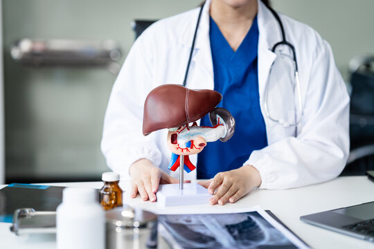 A young female nurse works at a desk, discussing liver-related conditions with a grey-haired Asian mature woman, including liver disease, hepatitis, cirrhosis, and liver cancer.