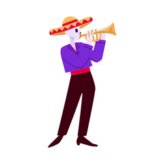 The Dia de Muertos is captured in a colorful vector illustration with a cheerful skeleton musician