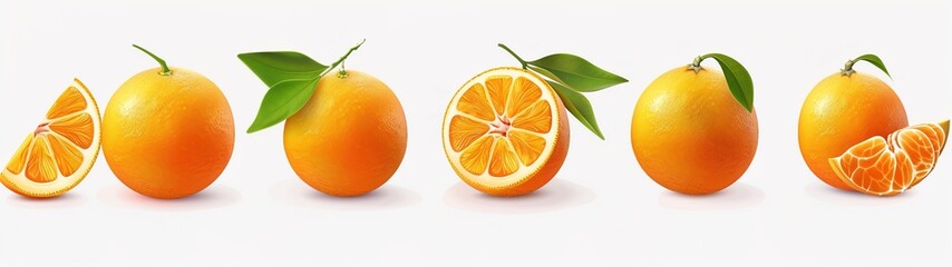Orange oranges fruit, many angles and view side top sliced halved cut isolated on transparent background cutout, PNG file.illustration