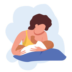 Woman breastfeeding a baby. Nursing mother with child feeding on pillow. Stylized minimalist illustration with flat colors.