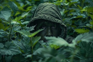 A person in a green hood with a painted green face is hiding in the tall green grass.