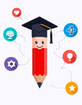 Graduation Celebration: A Pencil with a Diploma Cap, Star, Lightbulb, and Gears