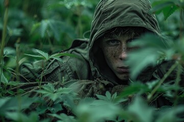 A person in a green hood with a painted green face is hiding in the tall green grass.