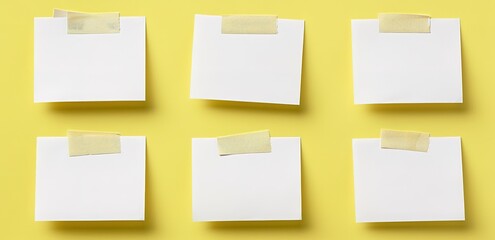 Four pieces of white paper stuck to a yellow wall