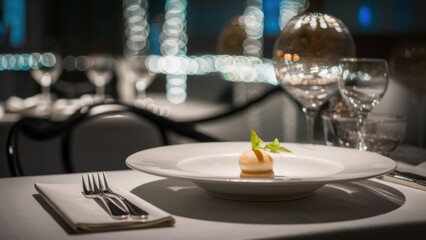 A white plate with a small piece of food on it, AI