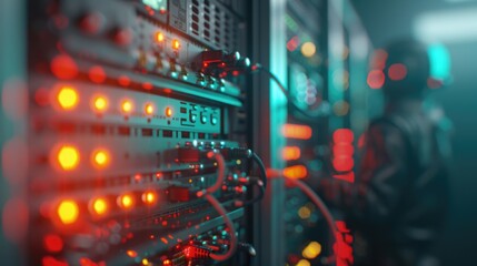 Machine perception, logical reasoning, security protocols, enhancing safety measures selective focus, theme on protection, realistic, manipulation, server room backdrop