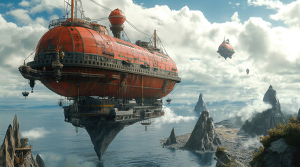 Obraz premium Detailed sci-fi scene of large floating airships over a rocky ocean landscape, featuring futuristic technology and overcast skies.