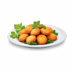 Fototapeta premium Crispy Fried Breaded Chicken Bites with Parsley Garnish on White Plate