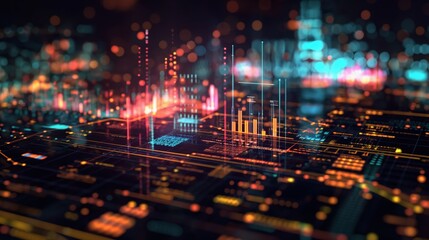 Abstract futuristic digital cityscape with glowing data visualizations, charts, and graphs representing technology and big data analysis.