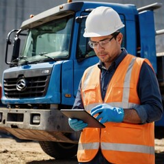 Fototapeta premium Construction Worker Using Tablet on Site