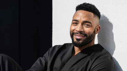 Obraz premium A man with a beard and black shirt posing for the camera, AI