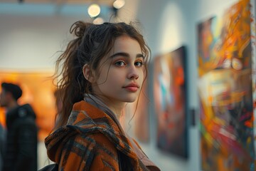 Young woman with long brown hair in art gallery, wearing plaid jacket, looks over shoulder at camera with artwork in background. Generative AI