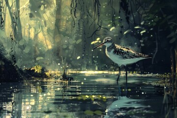 A brown bird with long legs walks through the swamp.