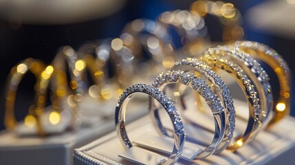 Elegant display of gold diamond rings in a high-end retail store with perfect lighting and a soft focus, bokeh background
