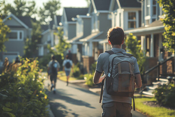 A man wearing a backpack is walking down a street with other people