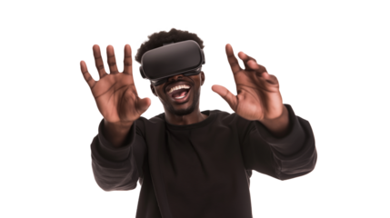 excited american african man in VR glasses, trying to touch virtual reality isolated on transparency background 