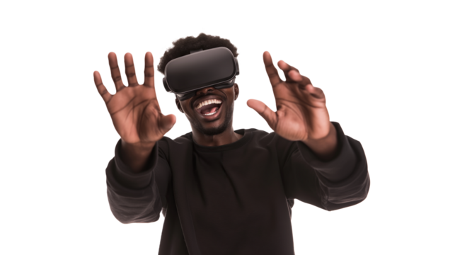 excited american african man in VR glasses, trying to touch virtual reality isolated on transparency background 