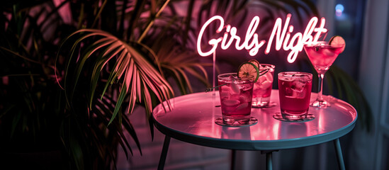 Fun pink neon Girls Night sign light glowing fancy vodka gin strawberry mix cocktails citrus fruits drink club bar Bachelorette Hen party ladies night out nightlife celebration decor event girly lux 