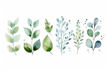 Serene watercolor foliage collection with assorted green leaves