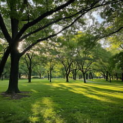 A city park in the summer with lots of trees. The scene is vibrant and full of greenery, with sunlight filtering through the leaves, casting dappled shadows on the ground. 