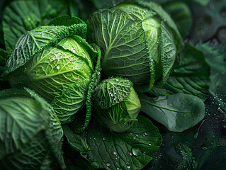 Fototapeta premium Fresh cabbage in droplets of water in the garden bed. Neural network AI generated art