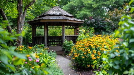 Garden with gazebo with cozy wooden structure