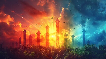 Fototapeta premium Colorful arrows pointing upwards in a surreal landscape with a setting sun and birds flying high