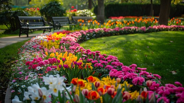 A garden with flower beds with different types image