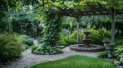 Garden with pergolas and climbing plants creating shade picture