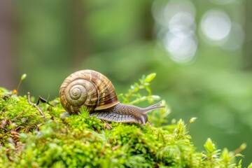 Serene snail journeying through lush forest moss
