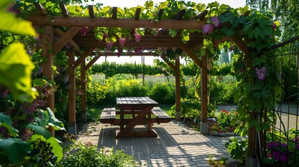 Garden with pergola with ornamental plants climbing along image