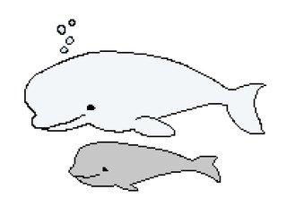 かわいいベルーガの親子のシンプルなイラスト, ドット絵