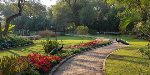 A path in a park with a brick walkway and a row of red flowers. Two peacocks are walking along the path