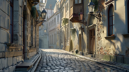 Obraz premium Narrow and winding cobblestone alley lined with historic buildings and ornate street lamps