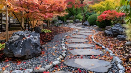 A garden with japanese maples and decorative stones